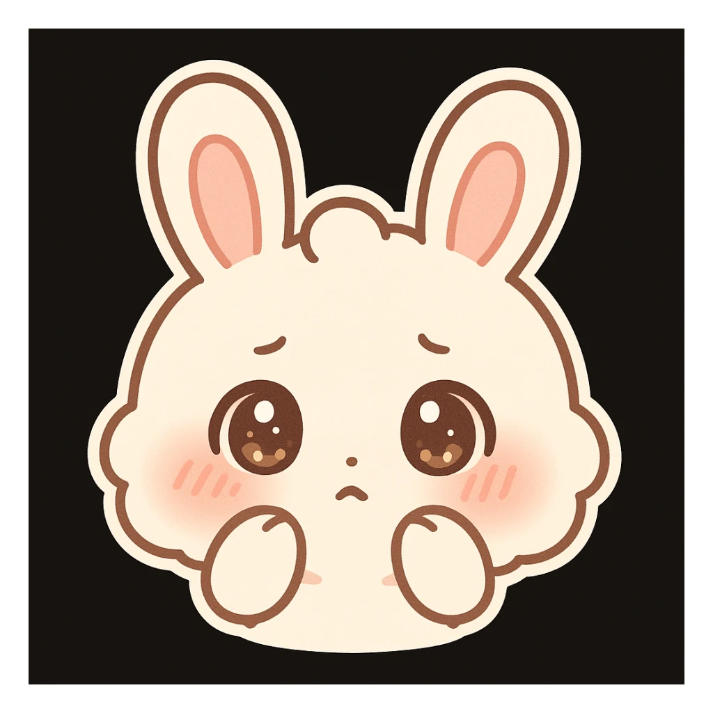 kawaii chibi-style bunny emoji with a round fluffy face, sparkly eyes, blushing cheeks, pastel color palette, shy mood, soft rounded design, anime-style, black background, vector art sticker