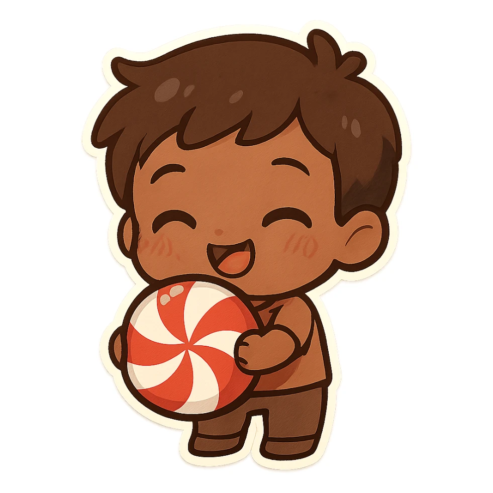chibi style brown male holding a peppermint candy, cheerful expression, kawaii look sticker