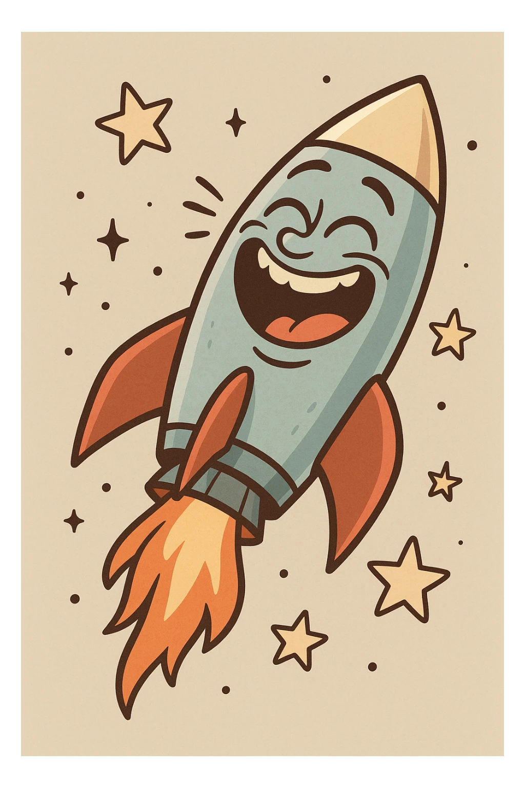 a rocket ship with a big smile, surrounded by stars, laughing, whimsical and fun, cartoon style sticker