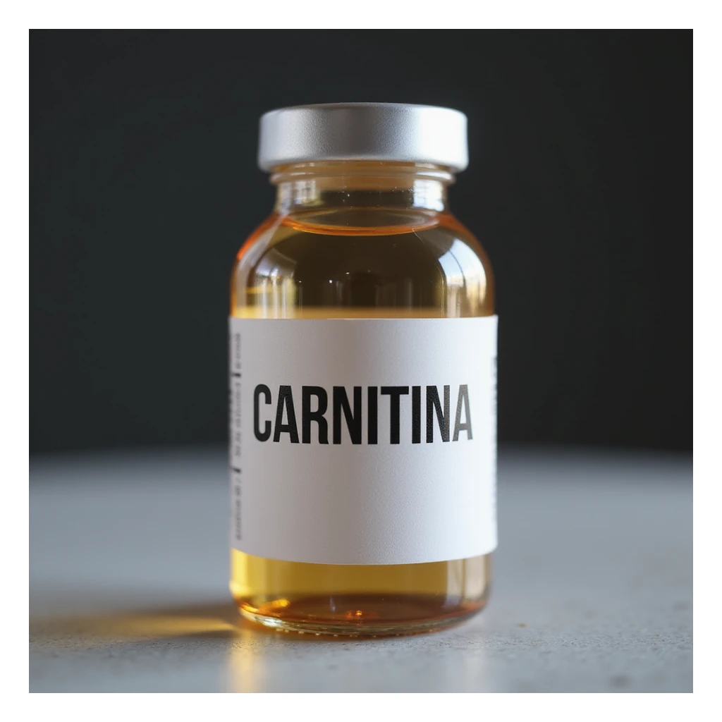 hyperrealistic 4K medicinal vial with a clearly visible label showing the word 'CARNITINA' in large block letters sticker