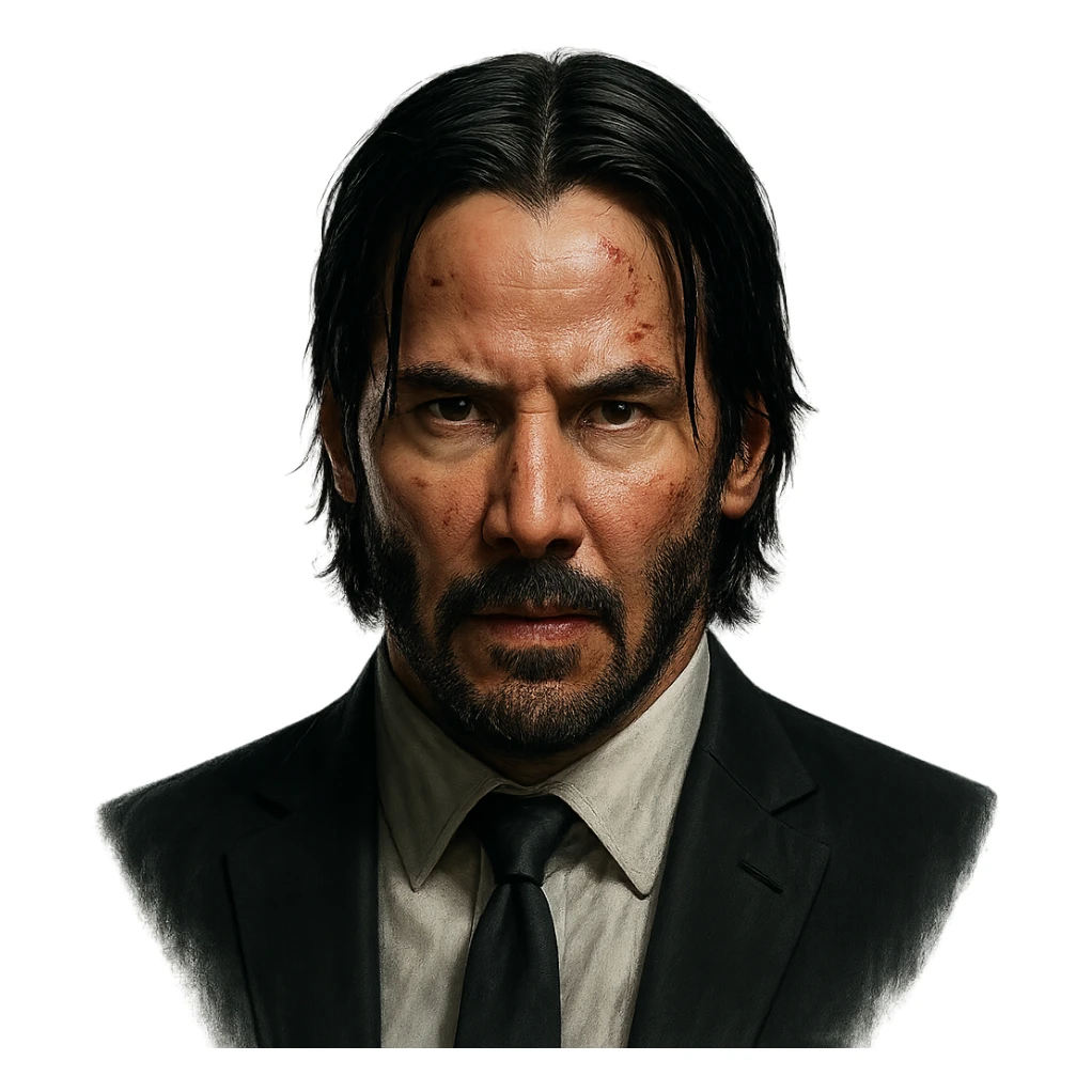 John Wick head, intense expression, dark hair, beard, suit collar, cinematic style, realistic details, minimal background sticker