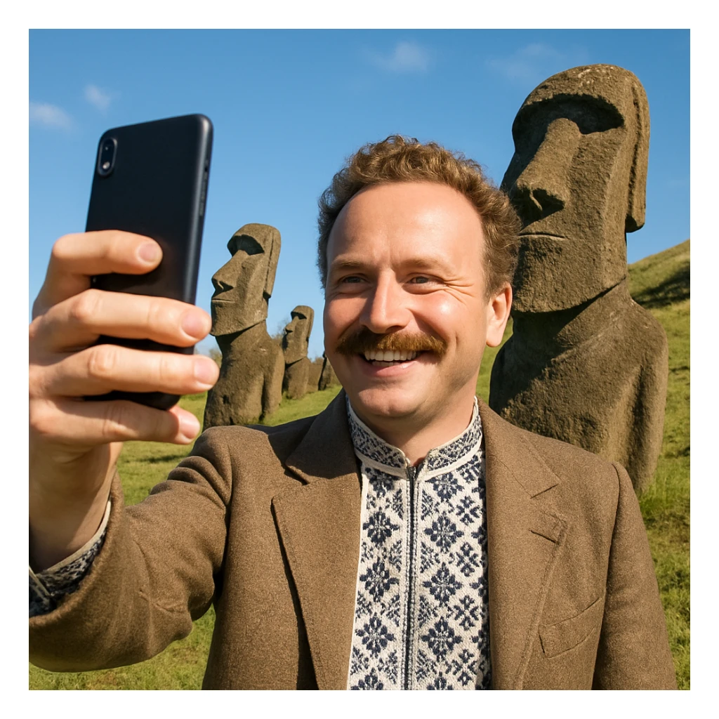 taks a selfie in front of statues on Easter Island sticker