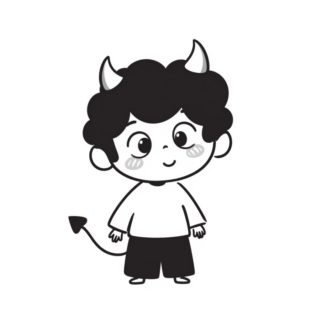 hand-drawn chibi demon with big innocent eyes, small pointy tail, and adorable expressive face sticker