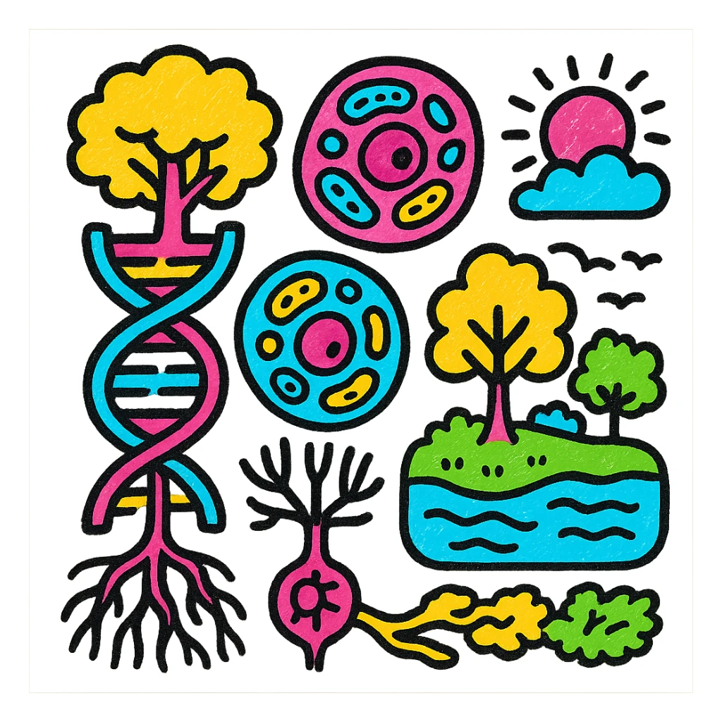 A realistic biological illustration (like in a school book) showing: DNA strands transitioning into a tree, cells with visible organelles, neurons connected to plant roots  and a balanced ecosystem background . Seamless integration, no labels or borders, complete white background (not off white!), detailed but minimalist.  sticker