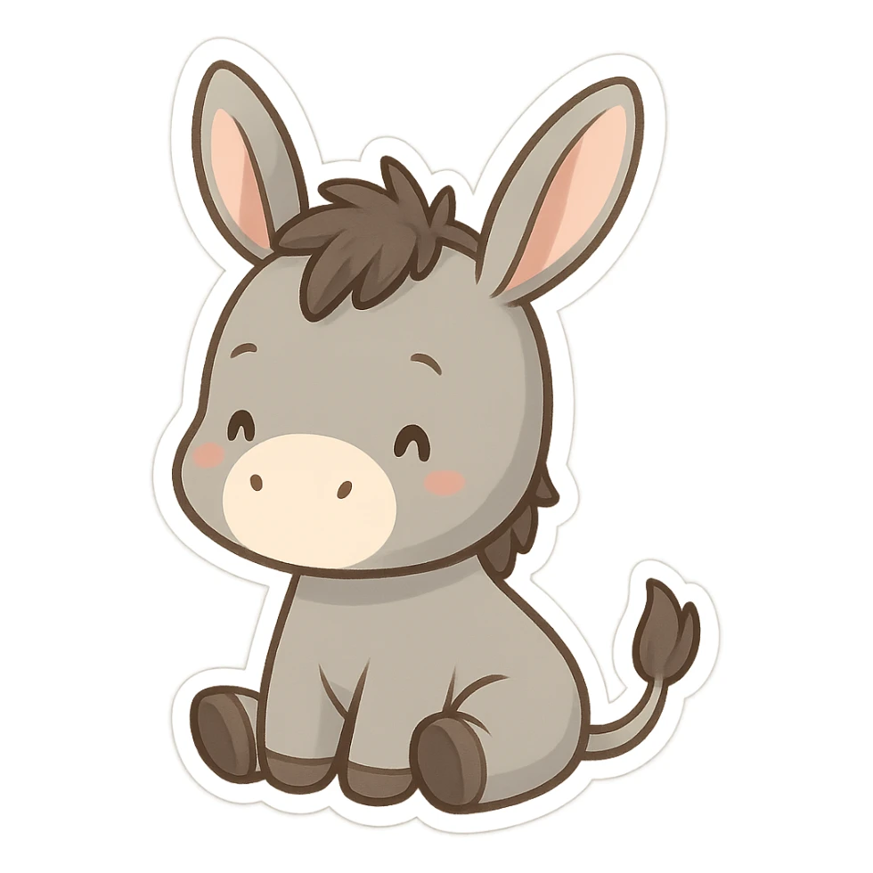 chibi-style donkey, sitting, with a little tail, white background sticker