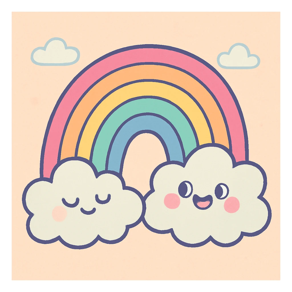 a rainbow with fluffy clouds, pastel toon style, gentle colors sticker