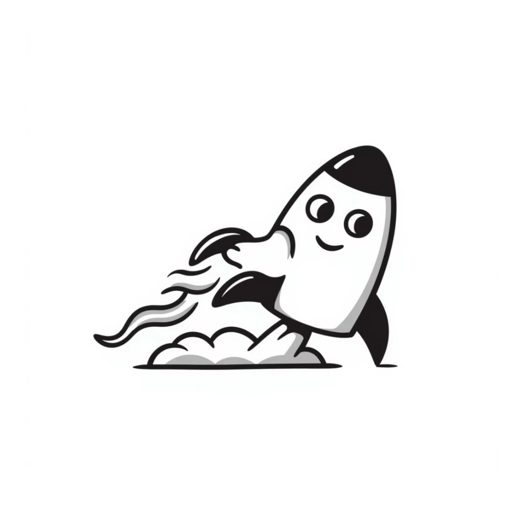 A hand-drawn toy rocket with a silly grinning face and flame trail sticker