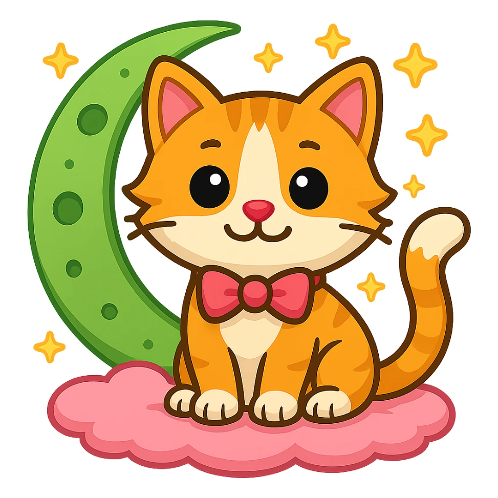 Add small yellow stars around the green moon, keep the cat with pink bow, in emoji style with no background. sticker