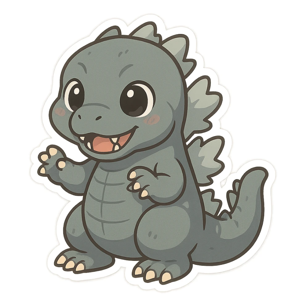 Godzilla as a cute chibi monster, big eyes, small body, playful pose sticker