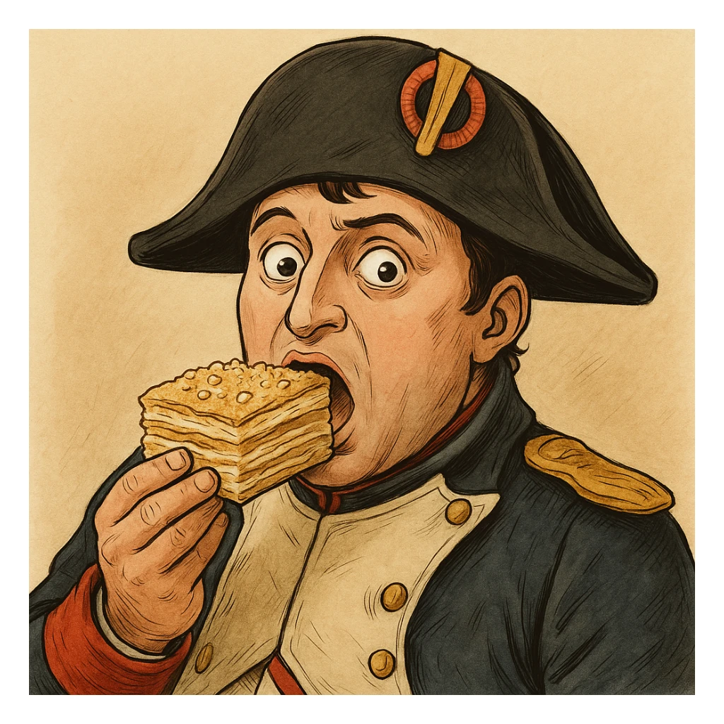 Используя похожую стилистику, слегка мультяшную, но при этом реалистичную - сгенерируй Наполеона, который кладет себе в рот большой кусок торта Наполеон и при это удивленно смотрит в кадр, будто его неожиданно застукали за этим занятием sticker