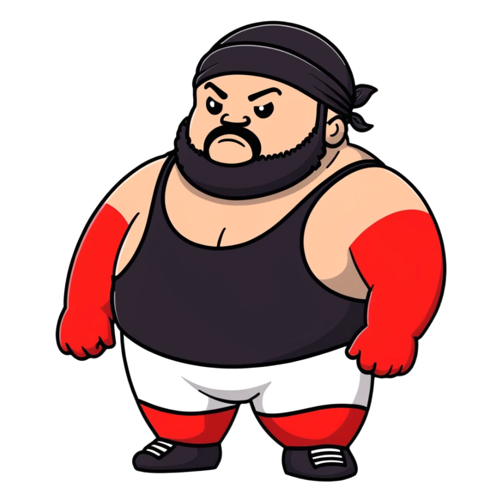 White skin fat guy with black durag, black beard, and black eyes in a red and black wrestling singlet sticker