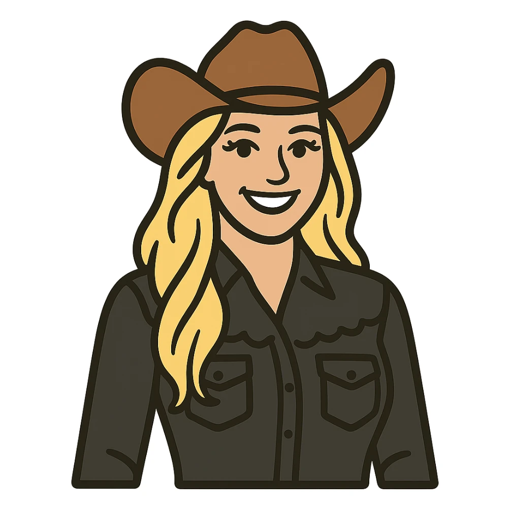 Make the cowgirl's skin lighter, hair lighter blonde, give her rounder cheeks, a big smile, longer eyelashes, and a black lace shirt. Keep the background transparent. sticker