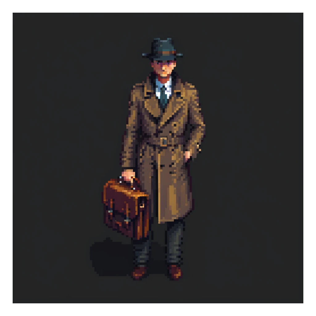 Mossad spy in trench coat and fedora, holding a briefcase, shadowy look, pixel art style, simple background sticker