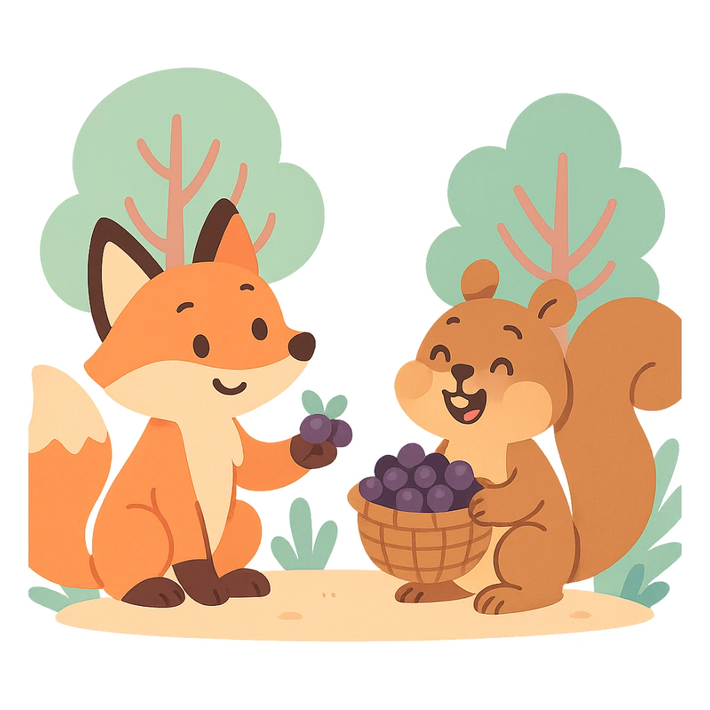 a fox and squirrel sharing berries in a forest friendship scene, pastel toon style sticker
