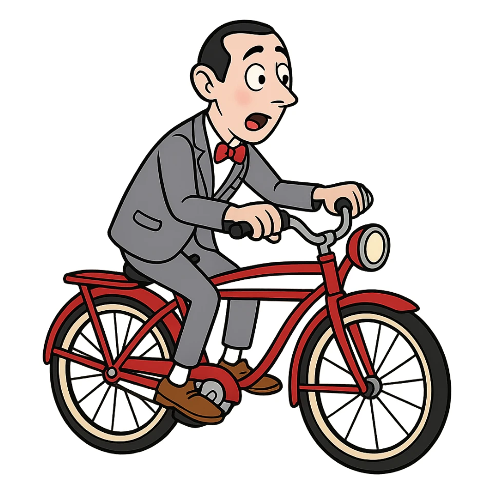 flat toon style Pee-wee Herman on a red bicycle sticker