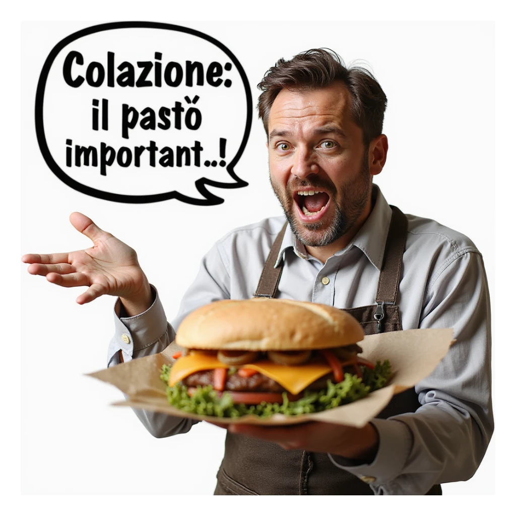 hyperrealistic 4K man isolated on white background with a speech bubble saying 'Colazione: il pasto più importante!', enthusiastic expression, realistic details sticker
