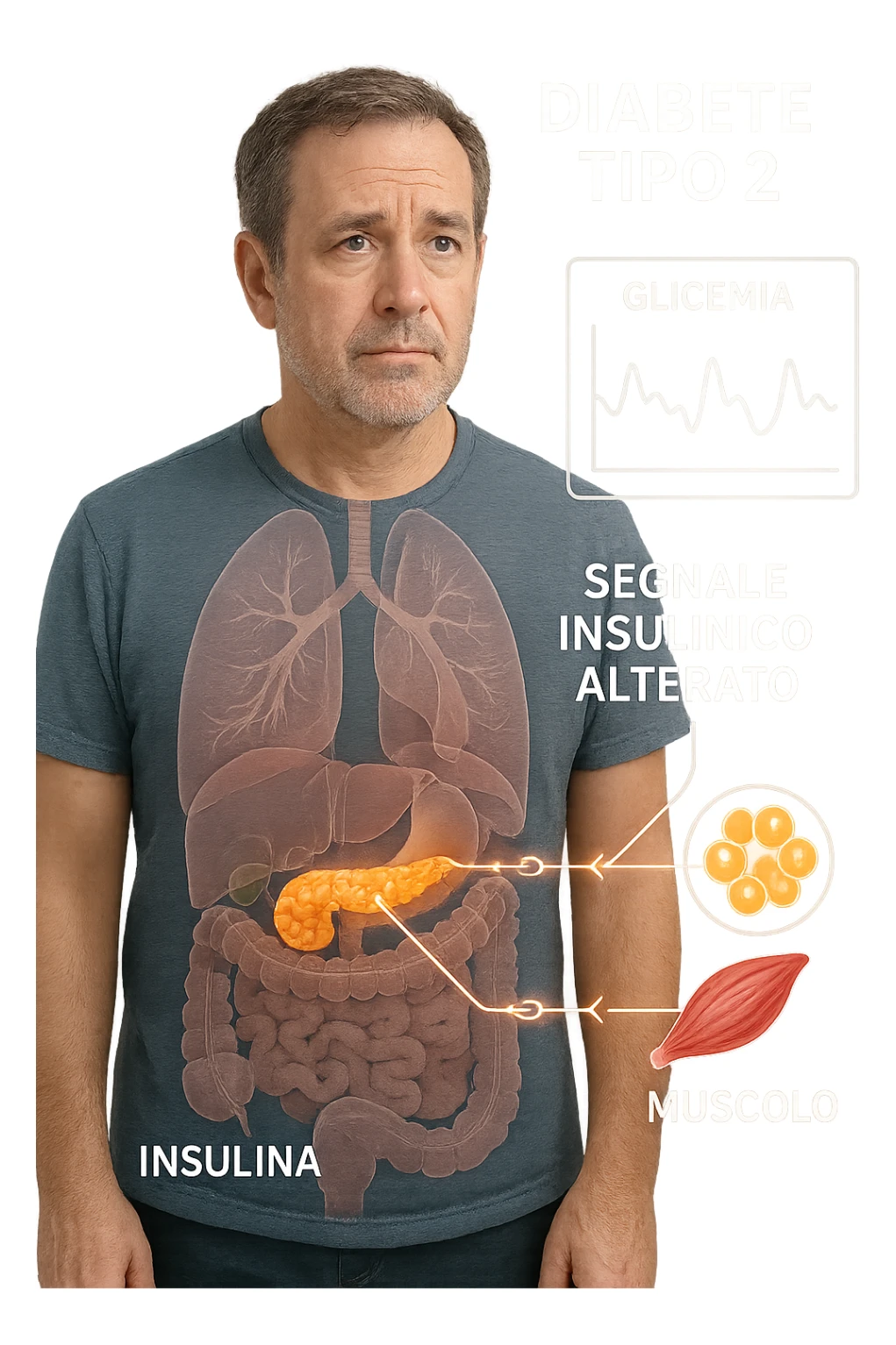 a middle-aged man stands in a clinical setting, with a semi-transparent overlay showing his internal organs. His pancreas is highlighted, and glowing lines or icons indicate disrupted insulin signaling between the pancreas and muscle or fat cells. The man’s expression is slightly concerned, and a digital chart beside him displays fluctuating blood sugar levels. The lighting is realistic, with a clean, modern medical background. scritte in italiano sticker