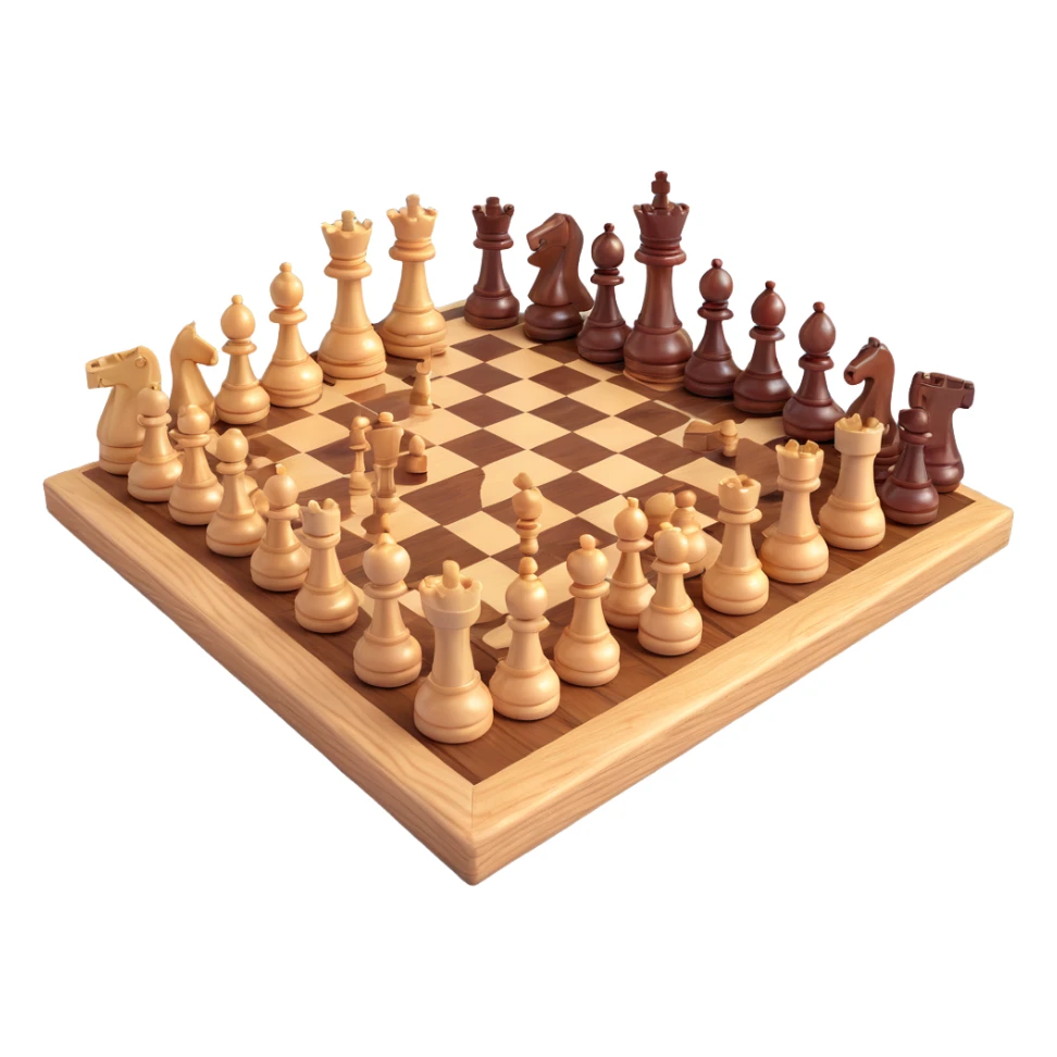 full chess set, all pieces in polished wood texture, realistic, no text sticker