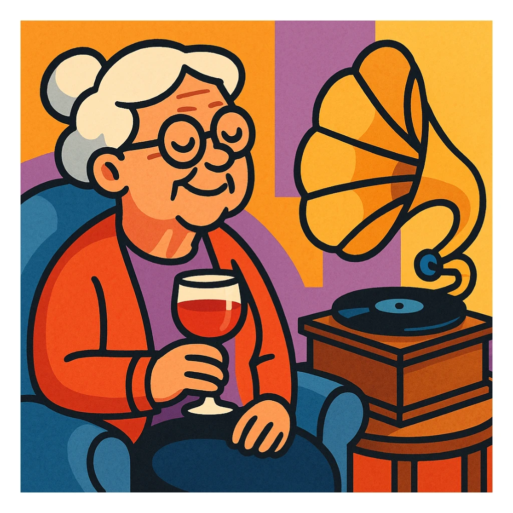 old lady with wineglass listening to gramophone sticker