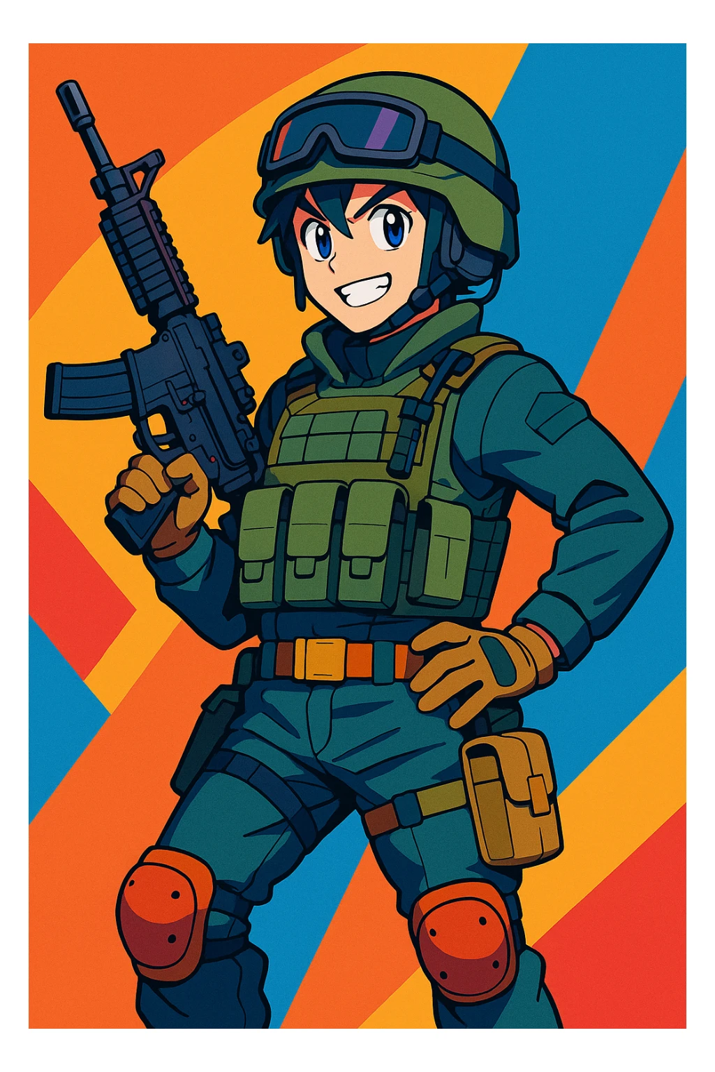 anime-style soldier, tactical gear, confident pose, dynamic, colorful, detailed sticker