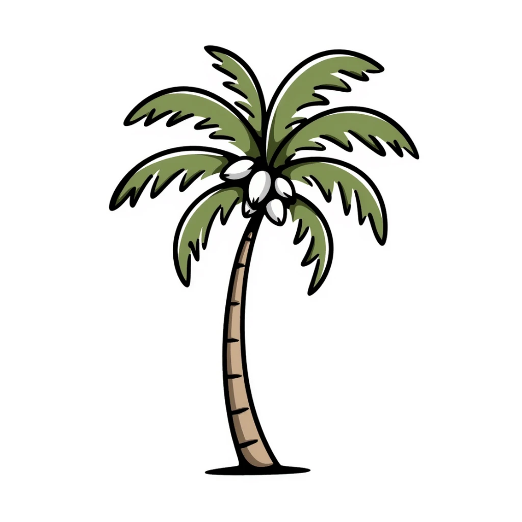 a palm tree with a curved trunk, large fronds, and coconuts, in pastel colors dd9fb0, ffc6d3, a3bfc9, c4bee2, f1b091, detailed hand-drawn doodle style sticker