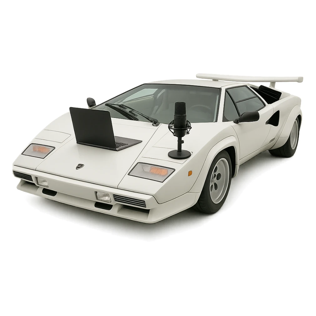 Lamborghini Countach with a laptop and recording microphone on the hood sticker