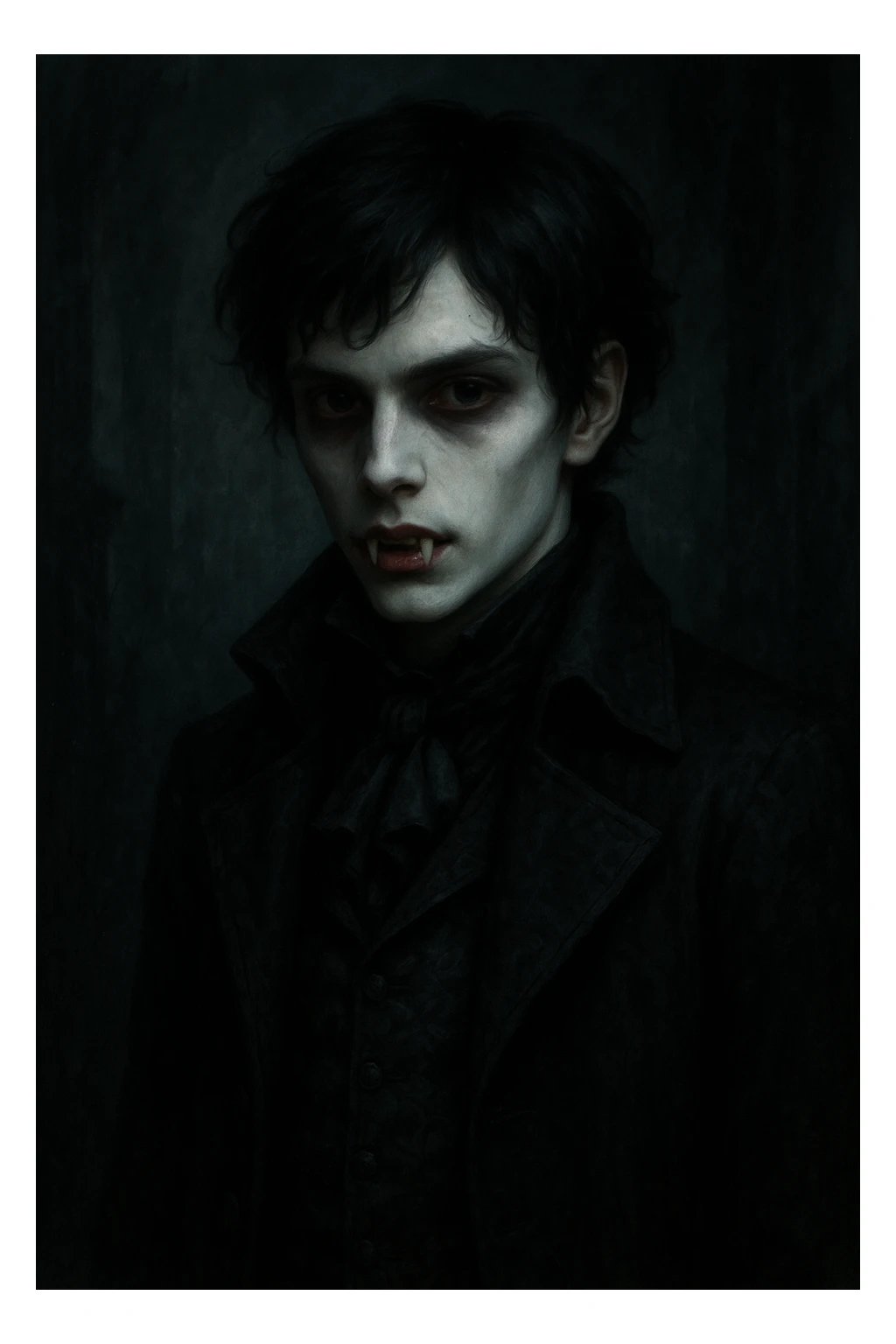 vampire boy with pale skin, fangs showing, dark hair, gothic style sticker