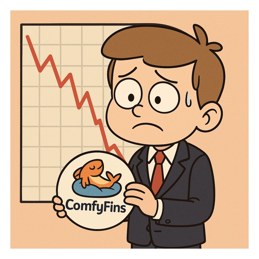 business kid in a suit, holding a ComfyFins logo, looking worried as stock chart drops, cartoon style sticker