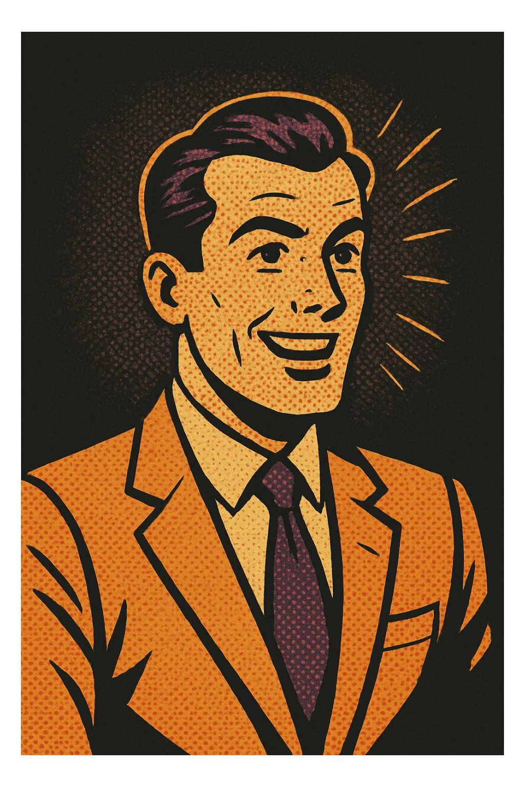 businessman, warm palette in yellow, orange, purple, violet gradient tones, dark solid bg sticker