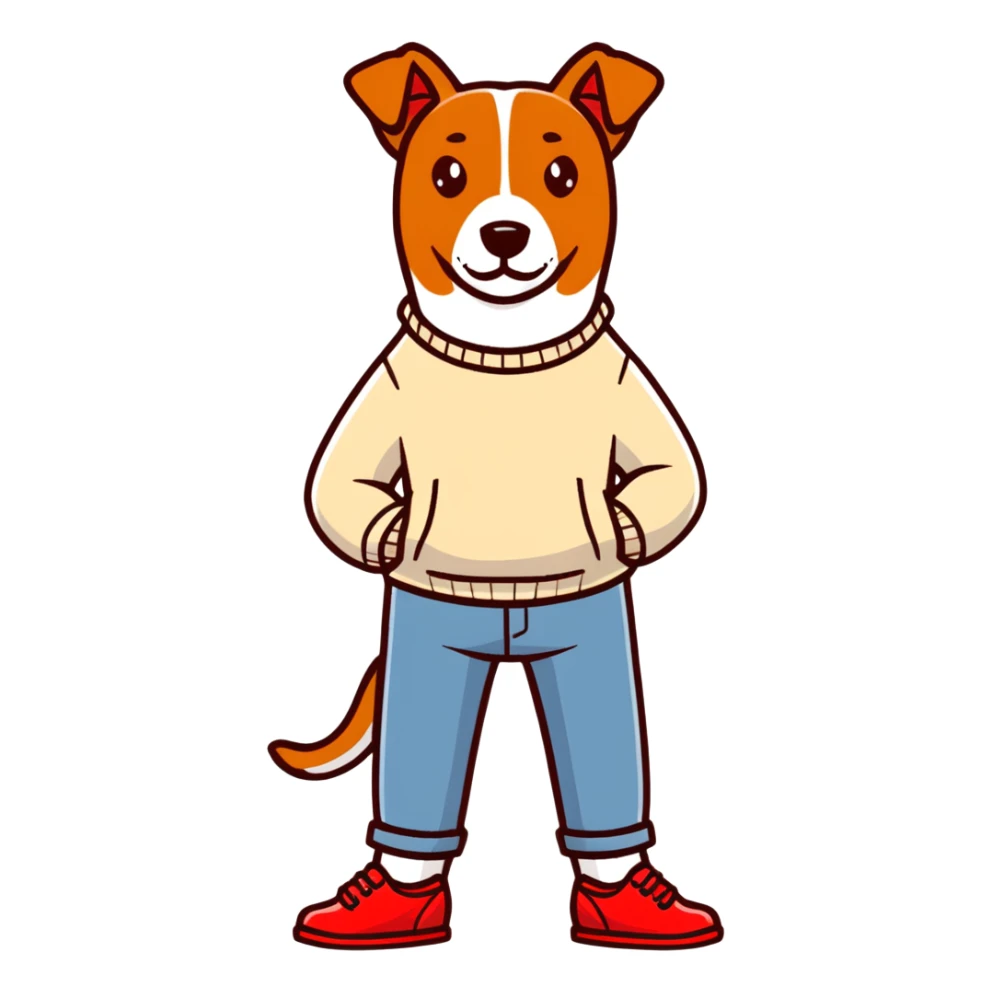 Brown dog standing upright with hands in jean pockets, wearing a white sweater and red shoes sticker