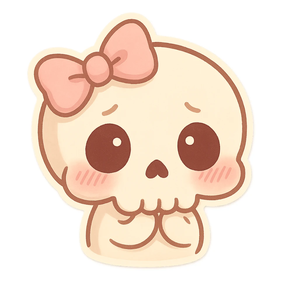 a shy skull with a pink bow, cute style, adorable, soft colors, charming expression sticker