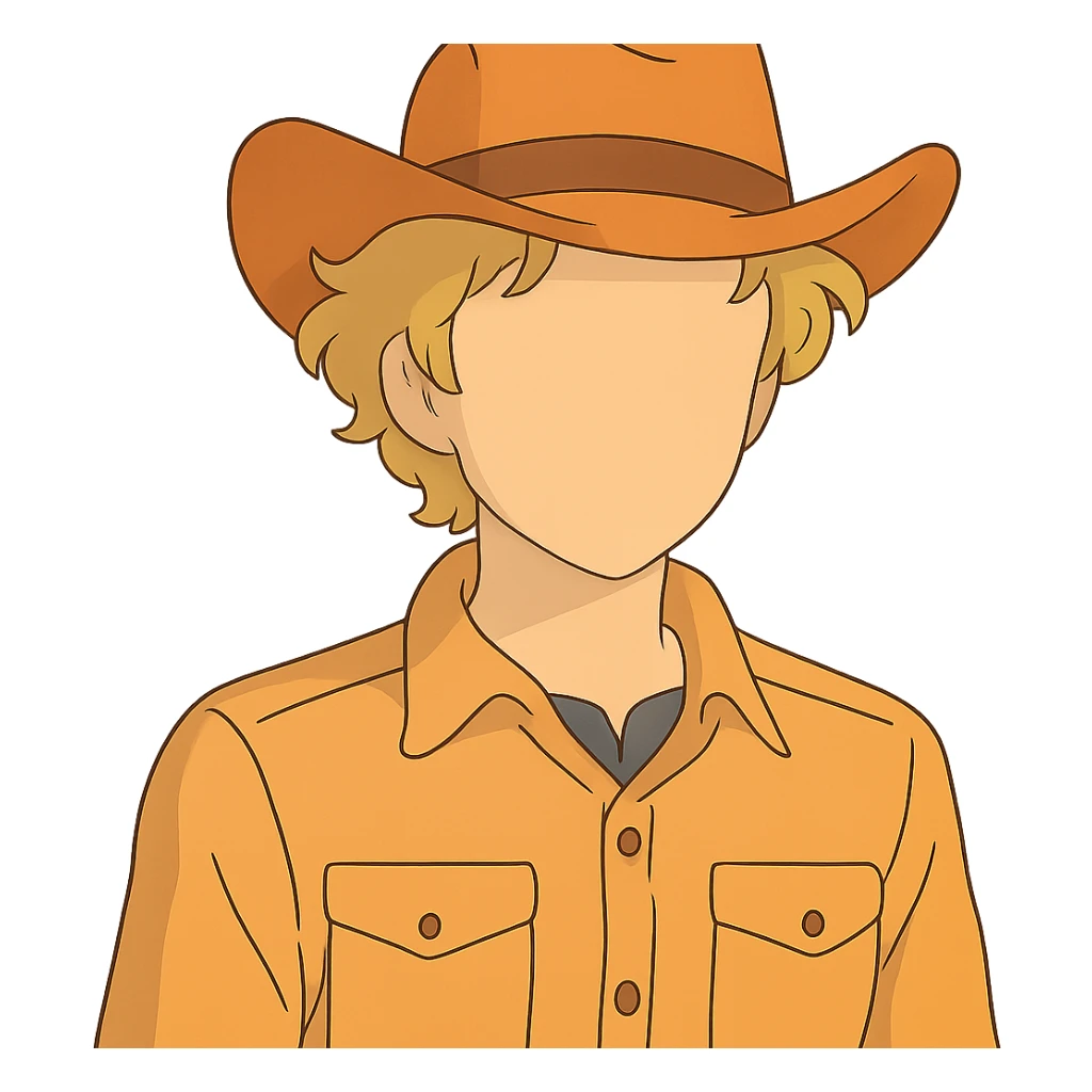ghibli style young man with wavy blonde hair, blank face, orange cowboy hat sticker