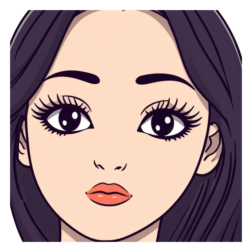 White girl with long oval face, huge round black eyes, big eyelashes, no makeup, natural lips, face closeup, long straight black middle-parted hair sticker
