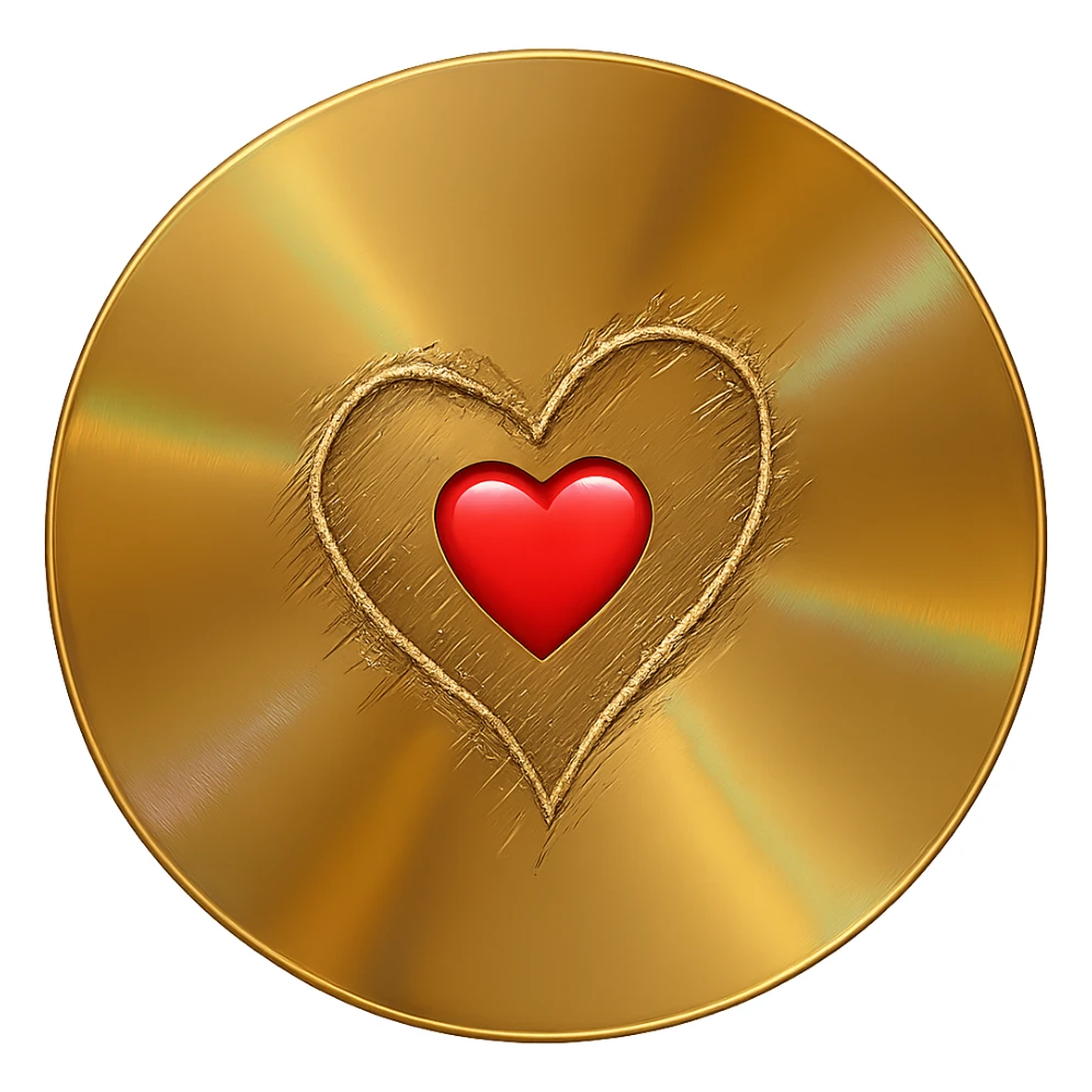 gold CD with a heart shape scratch, emoji, holographic effect sticker