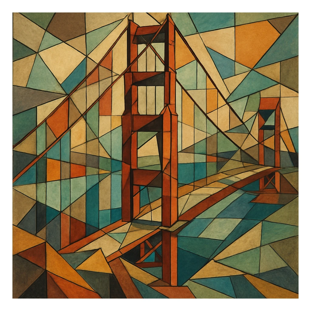 {
  "style_description": {
    "name": "Cubist Abstraction",
    "overall_look": "Deconstructed, multi-perspective abstraction with intersecting geometric planes",
    "composition": {
      "structure": "Fractured and fragmented shapes that overlap and intersect",
      "perspective": "Multiple simultaneous viewpoints, often distorted or rotated",
      "layout": "Asymmetrical, collage-like arrangement of visual elements"
    },
    "geometry": {
      "shapes": ["rectangles", "triangles", "trapezoids", "irregular polygons"],
      "edge_style": "hard, angular lines with minimal curves",
      "dimensionality": "flattened depth with layered planes"
    },
    "color": {
      "palette_type": "muted and earthy tones with occasional vivid accents",
      "application": "flat fills, overlapping transparencies, and color-blocked segments",
      "shading": "minimal or abstract, without realistic gradients"
    },
    "texture": {
      "use": "optional",
      "types": ["paper grain", "brushstroke pattern", "canvas roughness"],
      "purpose": "to evoke an analog, hand-rendered quality"
    },
    "subject_treatment": {
      "representation": "symbolic and abstract rather than literal",
      "distortion": "intentional exaggeration and fragmentation of form",
      "focus_on": ["structure", "form relationships", "compositional rhythm"]
    },
    "background": {
      "style": "integrated with subject forms",
      "purpose": "to emphasize the composition rather than isolate figures"
    },
    "render_constraints": {
      "avoid": ["realistic lighting", "photorealism", "perfect symmetry"],
      "encourage": ["overlapping shapes", "multi-angle views", "abstract composition"]
    }
  }
}

{subject} = golden gate bridge sticker