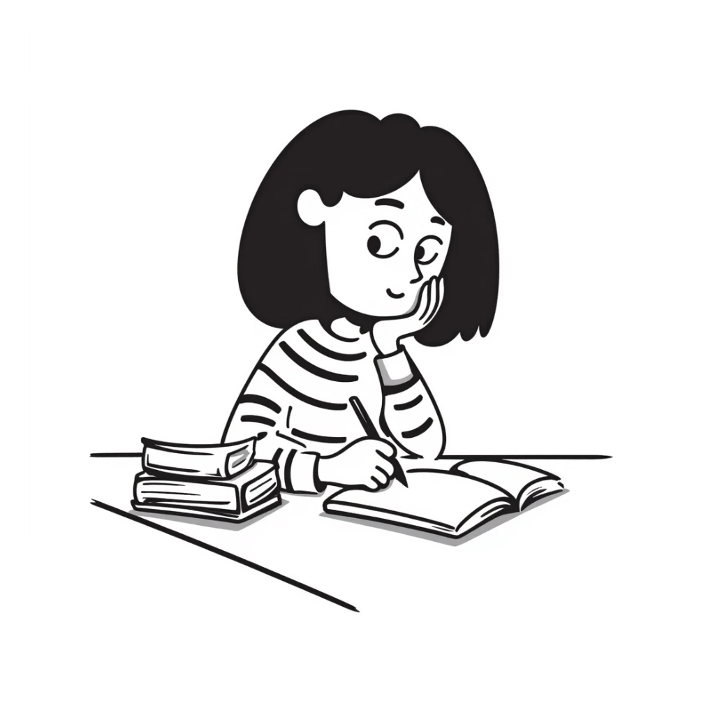female student sitting at desk, taking notes, attentively listening to a lecture, focused expression sticker