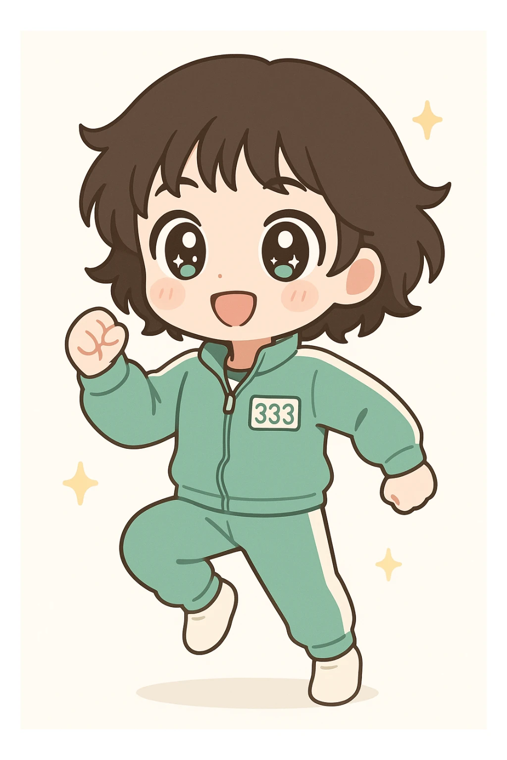 Hyun Ju character from Squid Game 3, anime style, expressive eyes, green tracksuit, dynamic pose sticker