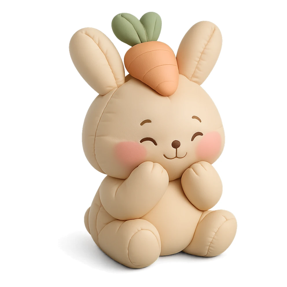 full-body beige bunny with carrot hat, blushing shyly, paws touching cheeks, bashful expression, pastel tones sticker