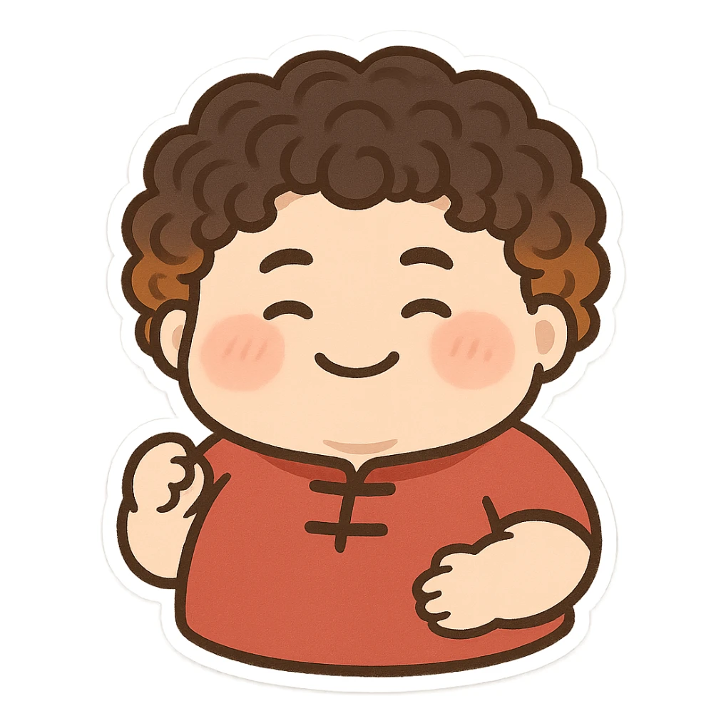 chubby Chinese character with perm hairstyle, orange-brown color on the tips of the hair, friendly expression sticker