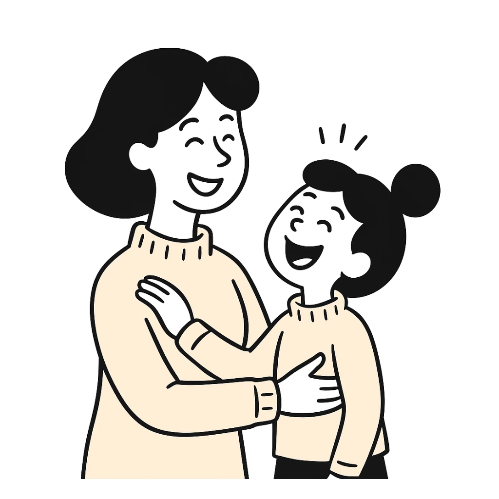 A happy mother with a child in beige clothes in different poses, doodle style sticker