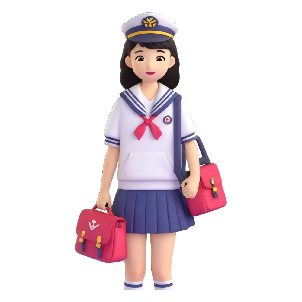 Cute Japanese female high school student in sailor uniform carrying a school bag sticker