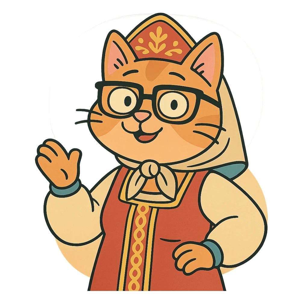 A cat in traditional Russian attire with glasses, simple and colorful. sticker