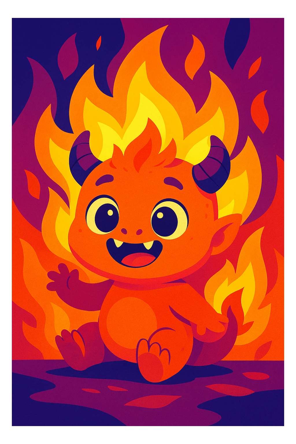 adorable baby monster in flames, playful and friendly expression, vibrant colors, fantasy illustration sticker