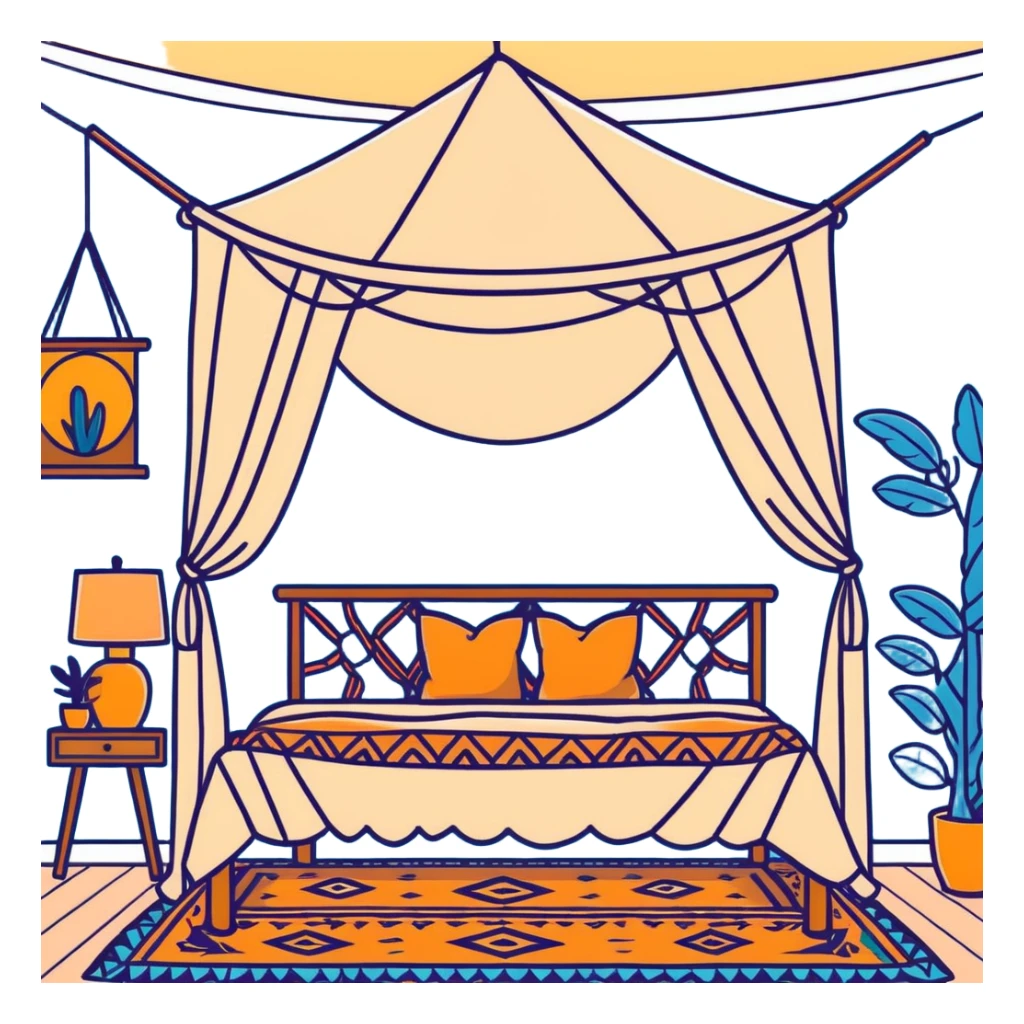 cozy boho bedroom with canopy bed, macramé wall hangings, and warm lighting sticker