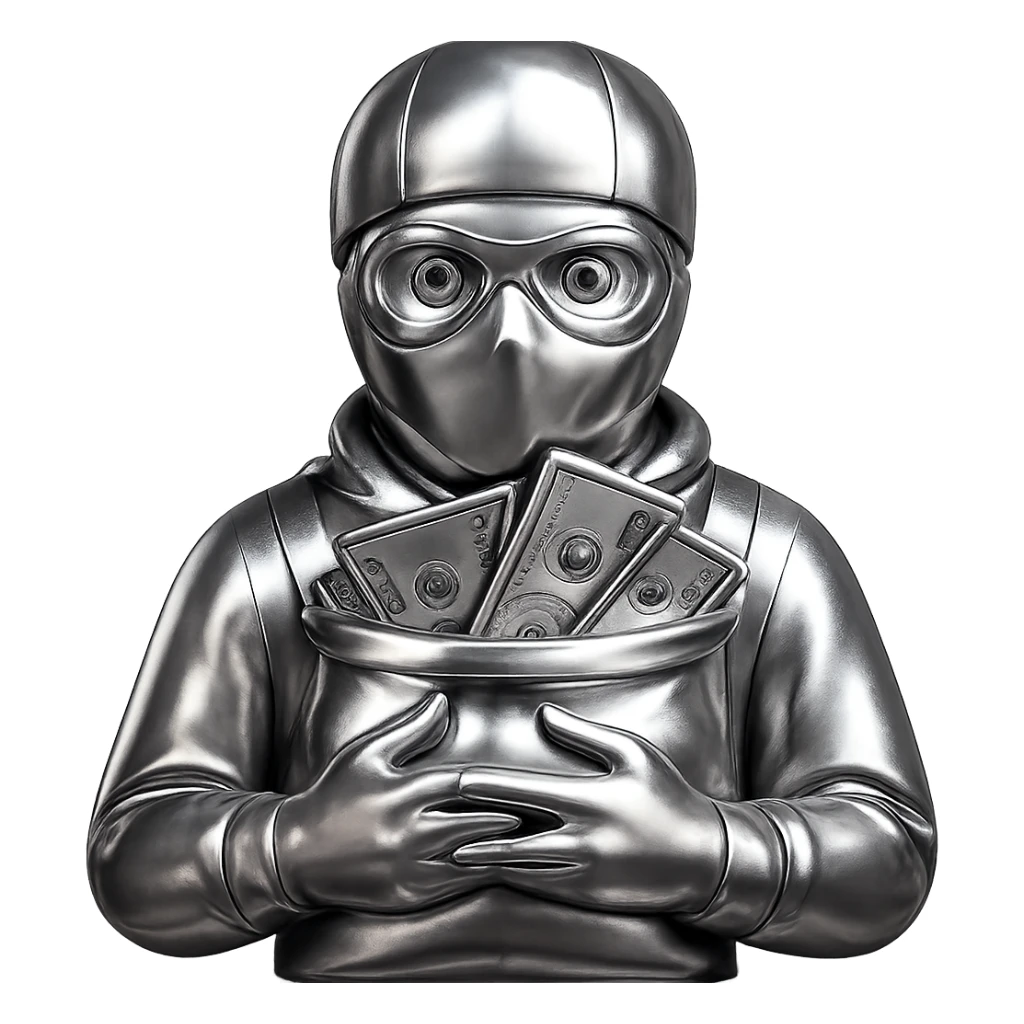 Transform this emoji into a 3D chrome style with a highly reflective metallic look, keeping all details and pose the same, no background. sticker