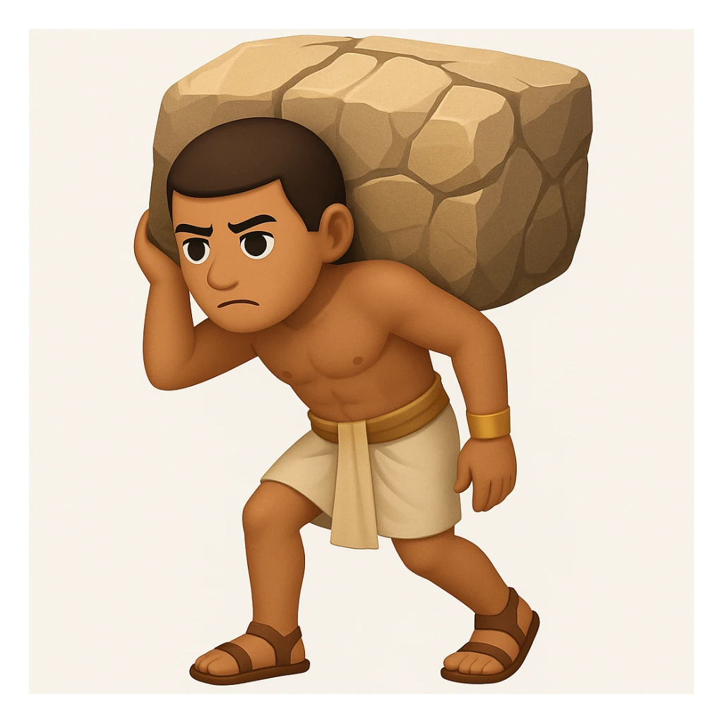 Create a fullbody ancient Egyptian worker, no fancy hat, carrying a rock block on their back, in a slightly different pose. The style should resemble emoji style with simple and concise features. sticker