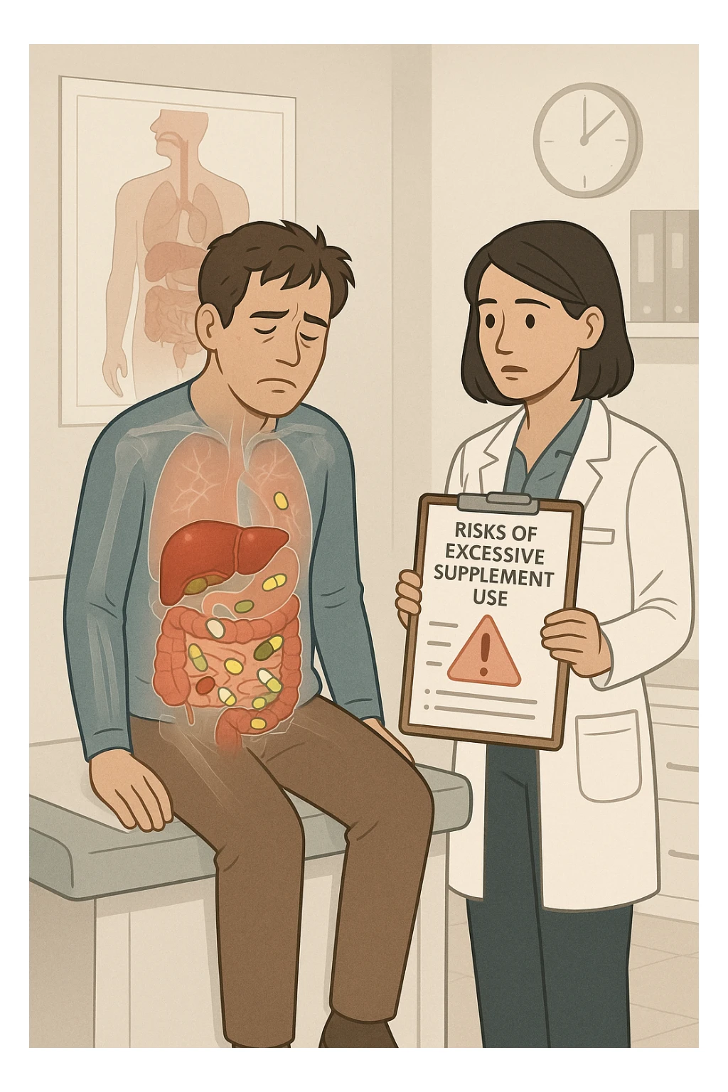a man sits on a doctor’s examination table, looking fatigued and uncomfortable. A transparent anatomical overlay reveals his liver and intestines, both appearing inflamed and congested, with stylized supplement capsules and pills scattered throughout the digestive tract. The doctor stands nearby, holding a chart that highlights the risks of excessive supplement use. The mood is clinical and educational. sticker