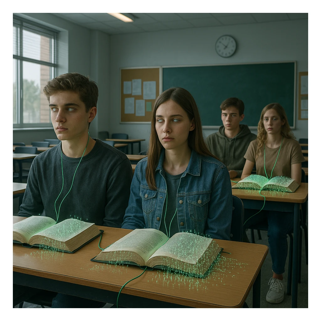 modern classroom, students with absent gaze and digital wires connected to books, pages dissolving into Matrix code, collective hypnosis atmosphere, realistic details, 4K quality sticker