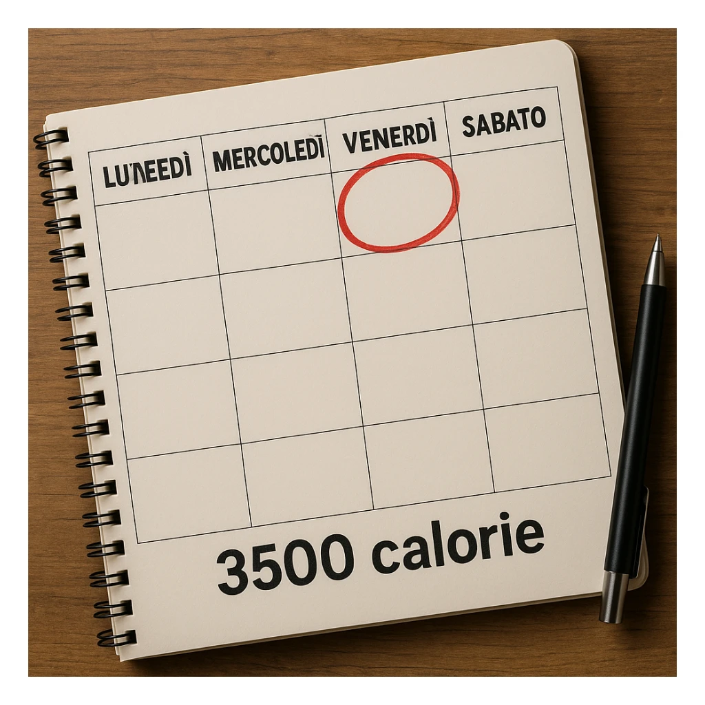A hyperrealistic weekly calendar viewed from above in Italian, showing days from Monday to Sunday. Friday is circled in red. Below Sunday, the text '3500 calorie' is clearly visible. The image has 4K details and a desk atmosphere. sticker