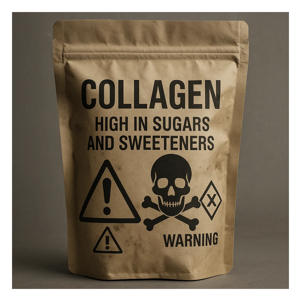 realistic collagen supplement package labeled as high in sugars and sweeteners, negative atmosphere, details suggesting danger or poison, warning symbols, neutral background sticker
